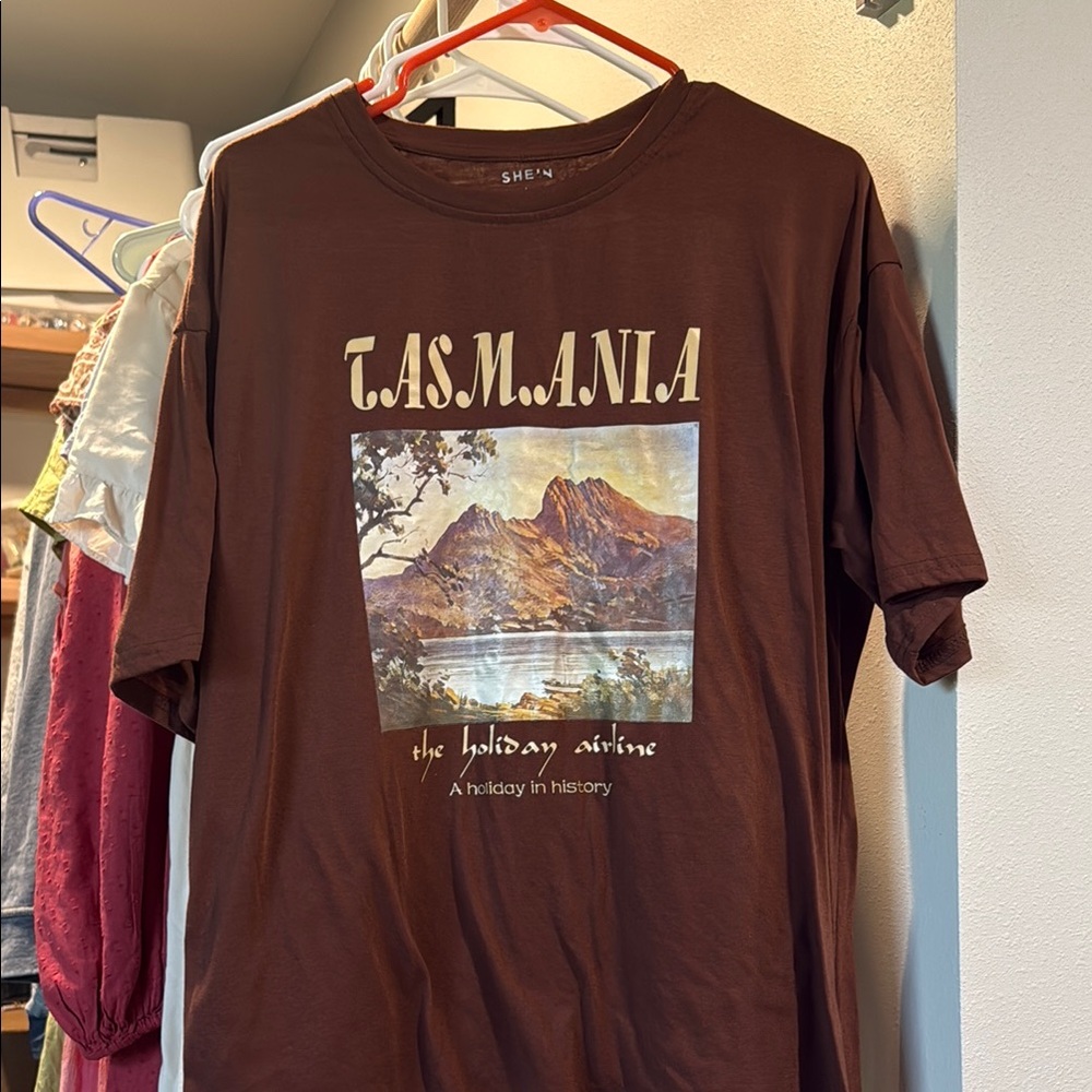 SHEIN Brown Short Sleeve Tee with Tasmanian Graphic